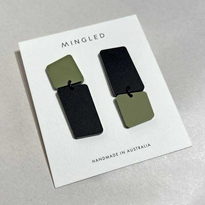 Mingled Bauhaus Statement Earrings – Matte Black & Olive Green