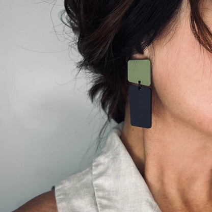 Mingled Bauhaus Statement Earrings – Matte Black & Olive Green