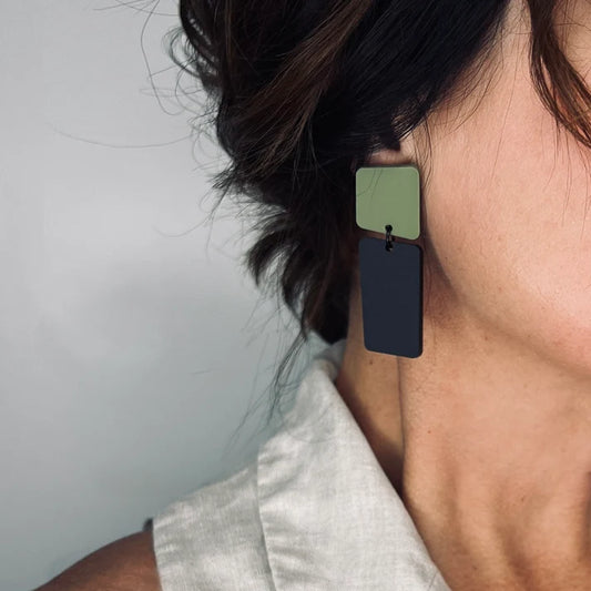 Mingled Bauhaus Statement Earrings – Matte Black & Olive Green