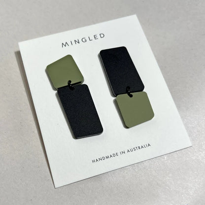 Mingled Bauhaus Statement Earrings – Matte Black & Olive Green